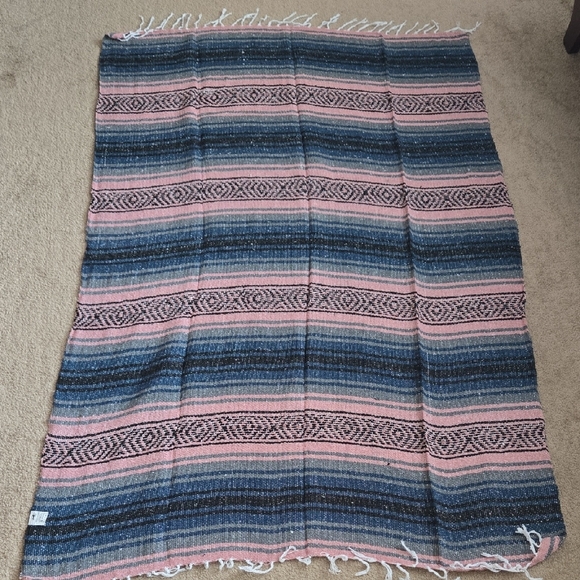 Pink and Blue Striped Blanket with Fringe - Picture 3 of 3